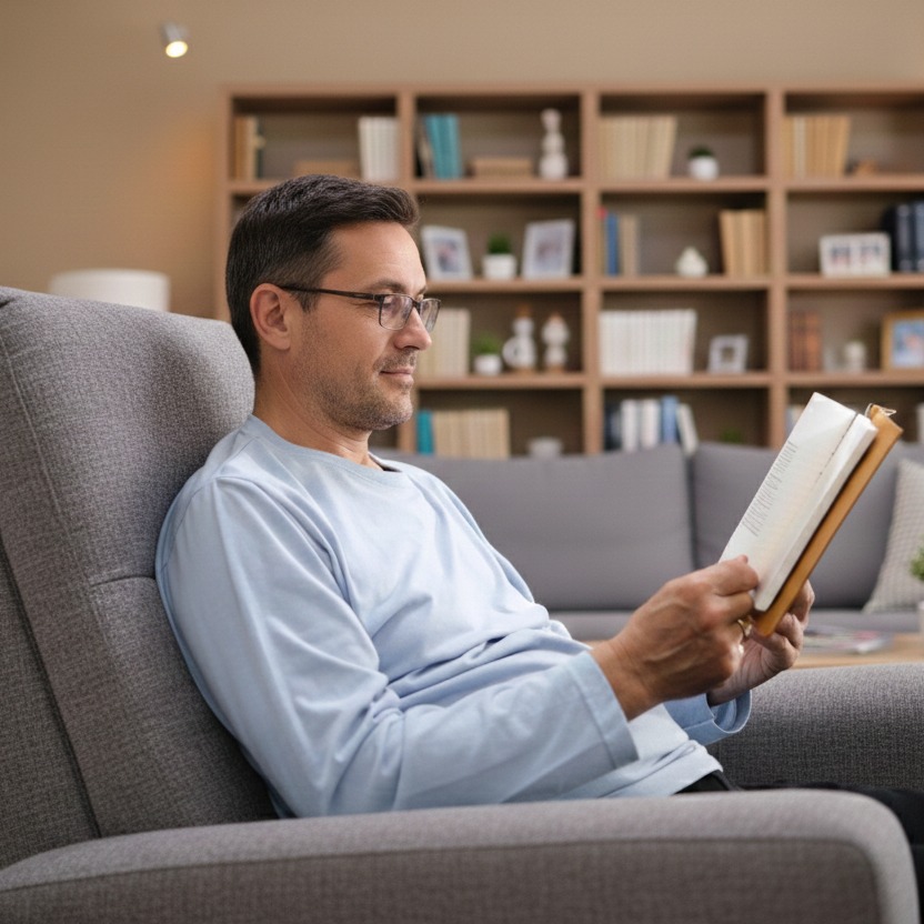 Person seated in a modern upholstered armchair reading a book, positioned in a living room with shelving, sofa, and a table lamp in the background.