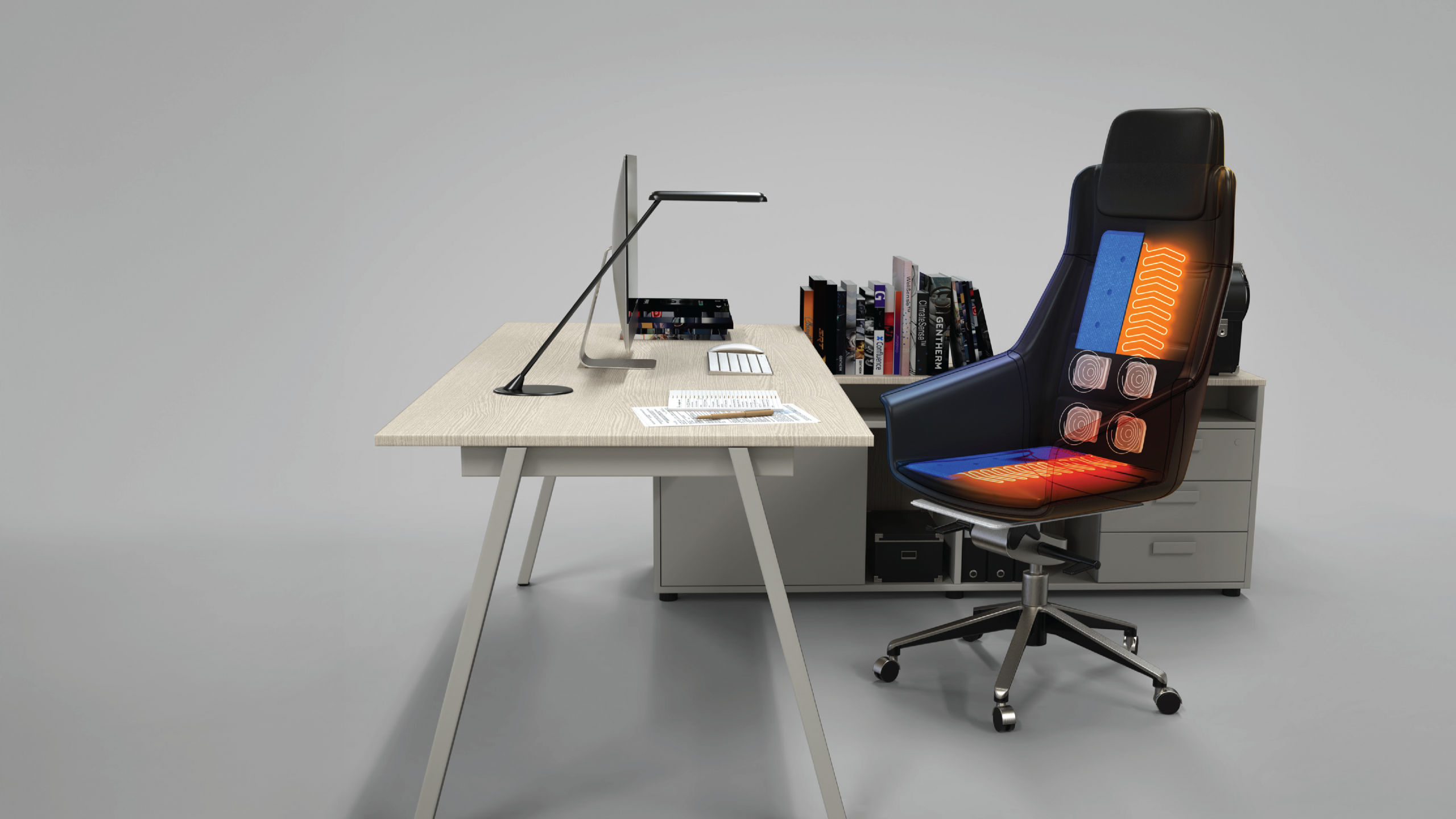 Modern office desk setup beside an ergonomic office chair featuring integrated heating and cooling zones highlighted in orange and blue to illustrate active climate-controlled seating technology.